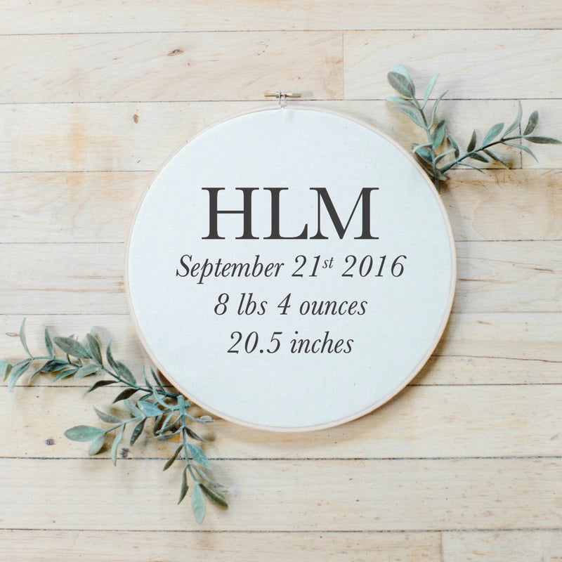 Personalized Monogram Birth Stat Faux Embroidery Hoop