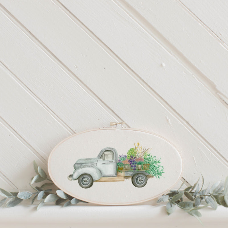 Floral Truck Watercolor Faux Embroidery Hoop